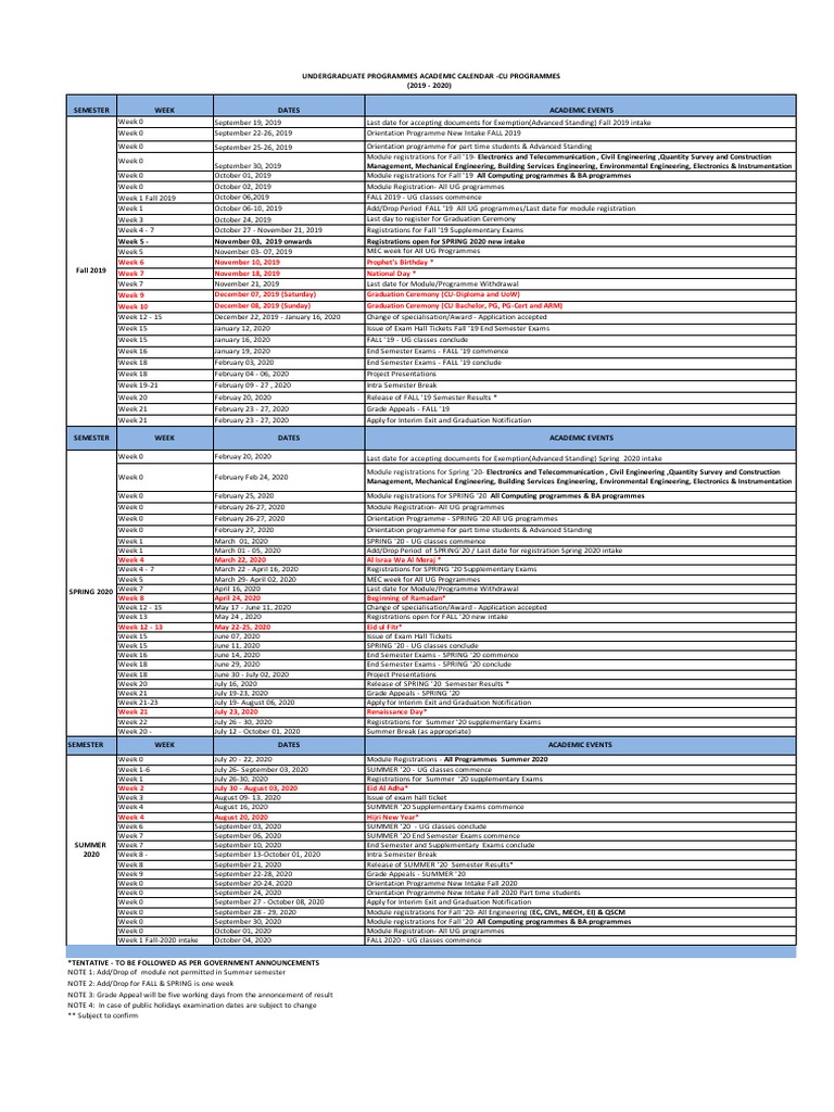 CU Undergraduate Academic Calendar 20192020 PDF Academic Term