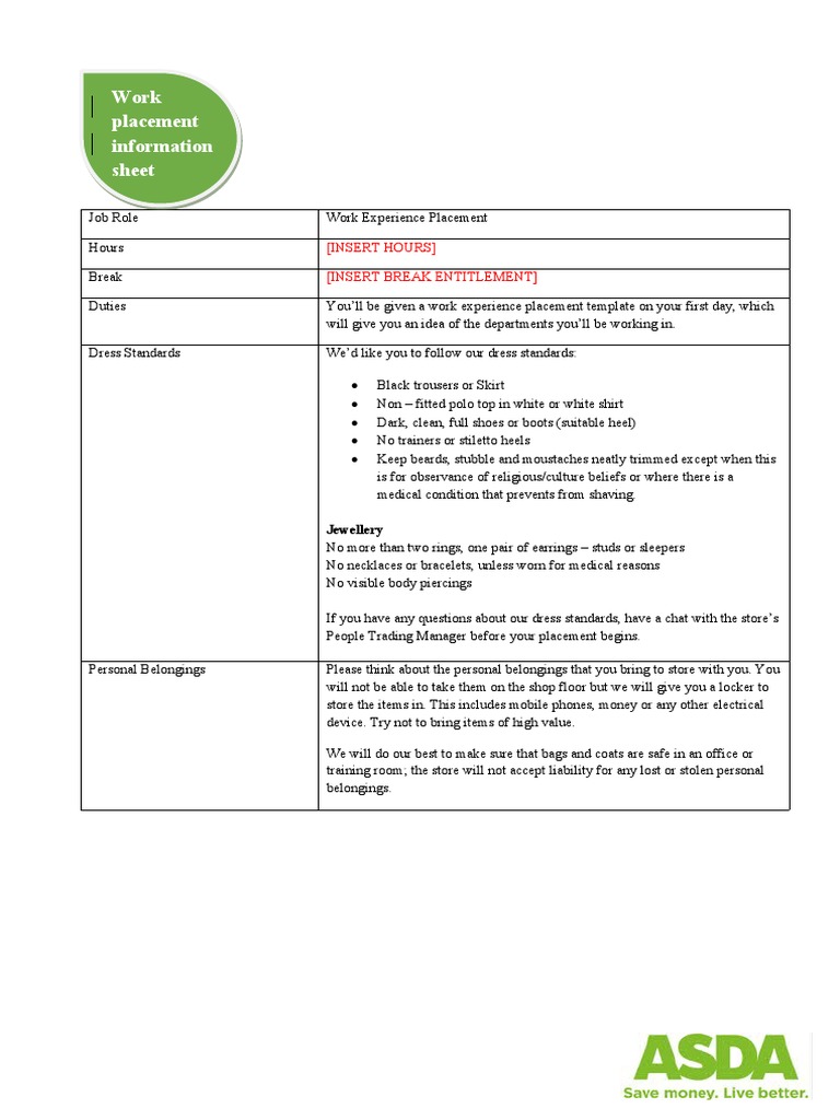 Work Placement Information Sheet: (Insert Hours) (Insert Break ...