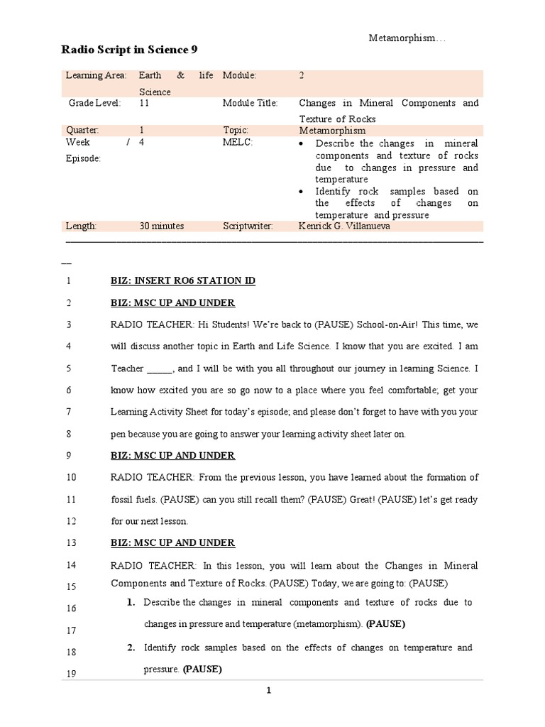Science 11 - WK 4 - SCRIPT Edited | PDF | Rock (Geology) | Rocks