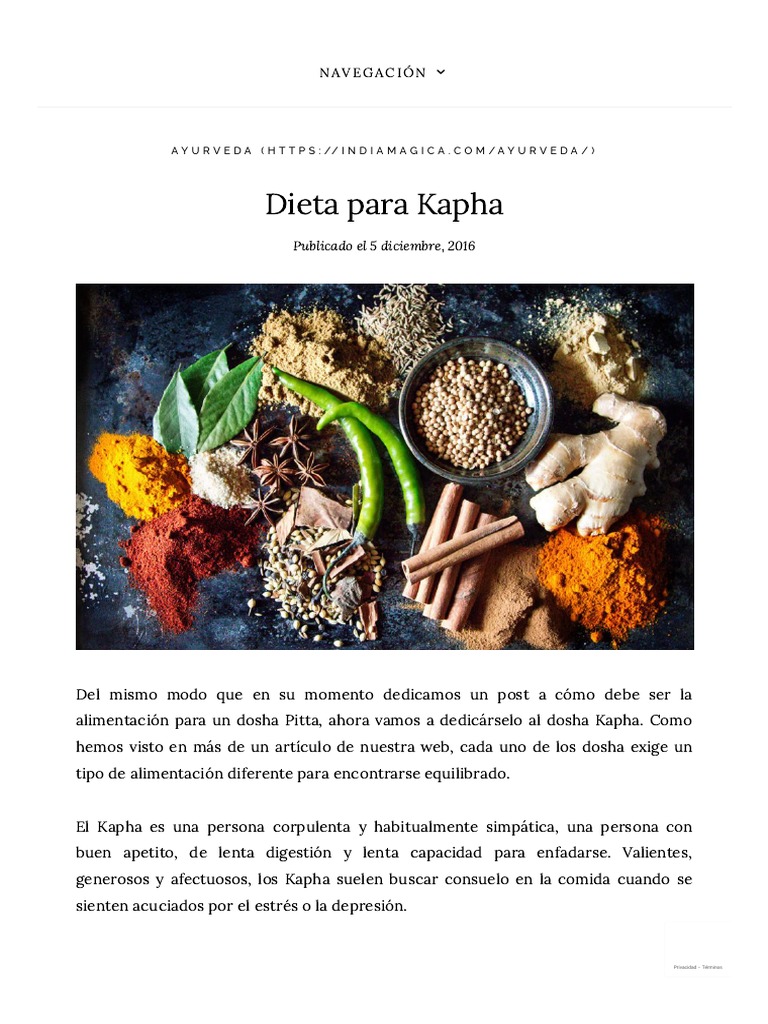 Dieta para Kapha Los Doshas y Sus Dietas Dietas Ayurveda PDF