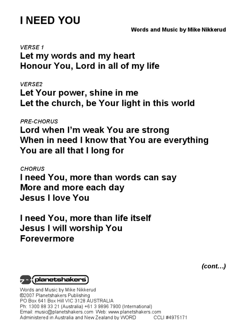 I Need You Lyric
