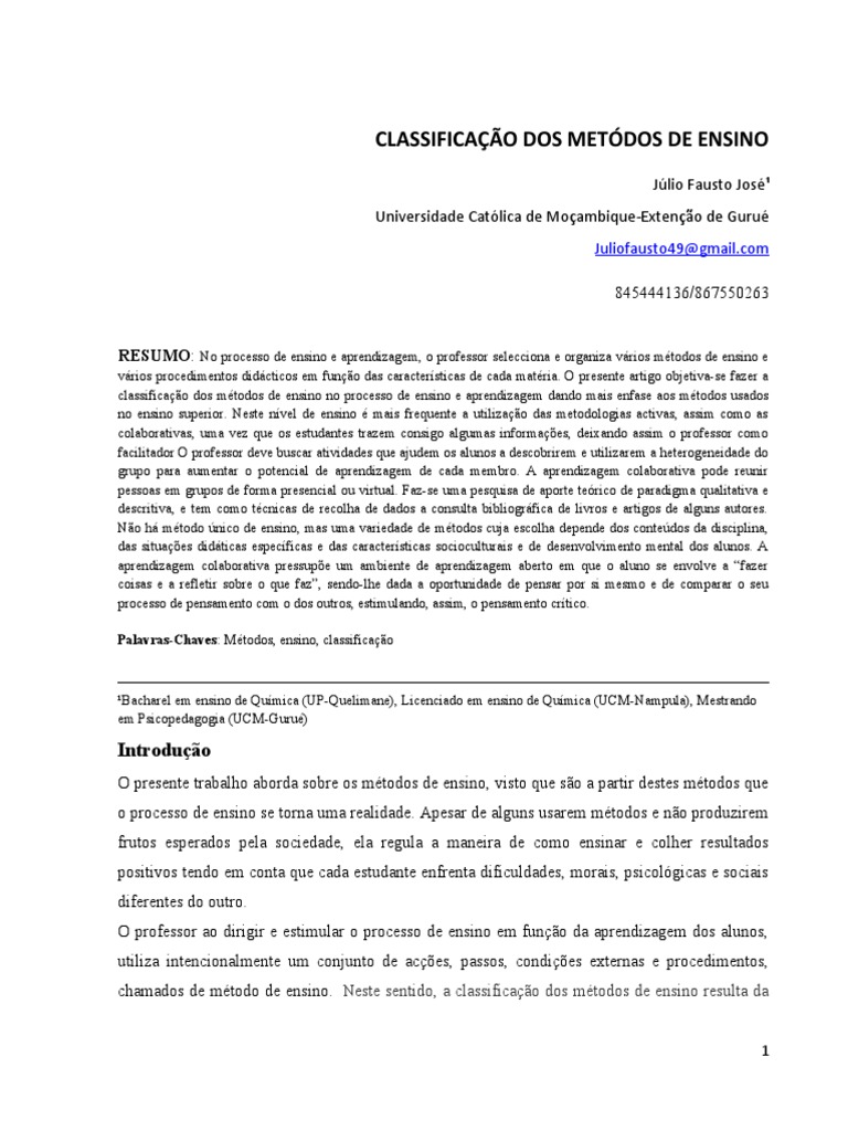 Classificaçao Dos Metodos | PDF | Método de ensino | Educação à distância