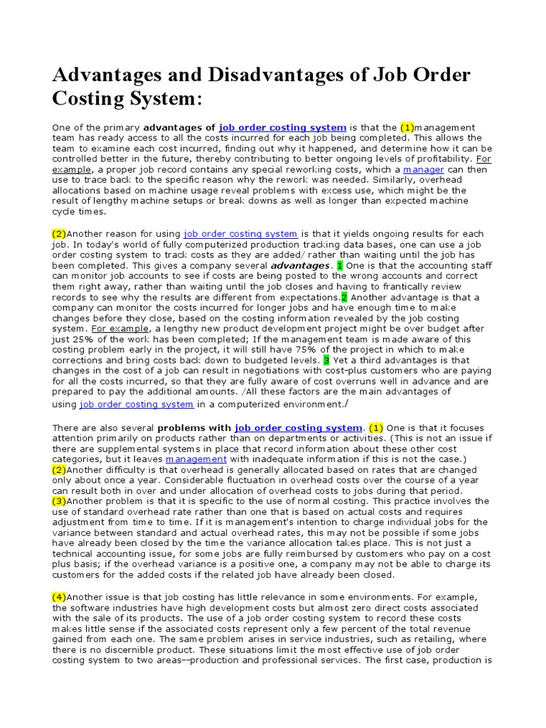 Advantages and Disadvantages of Job Order Costing System