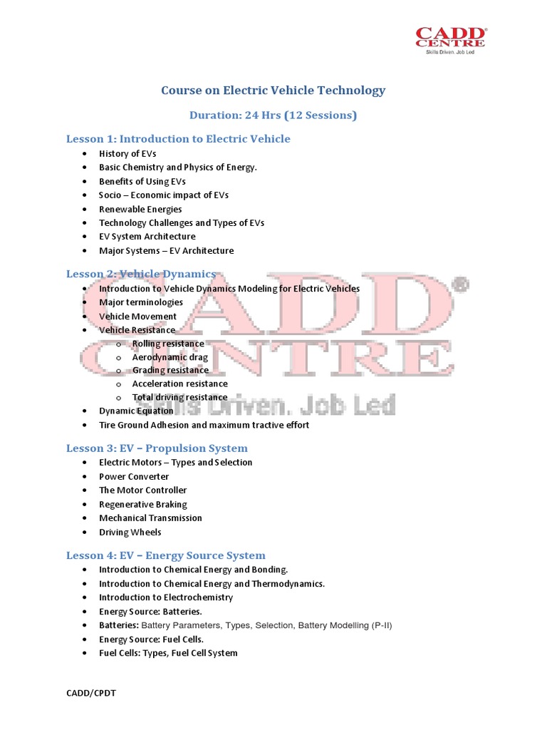 Ev Technology Overview Syllabus PDF Electric Vehicle Vehicles
