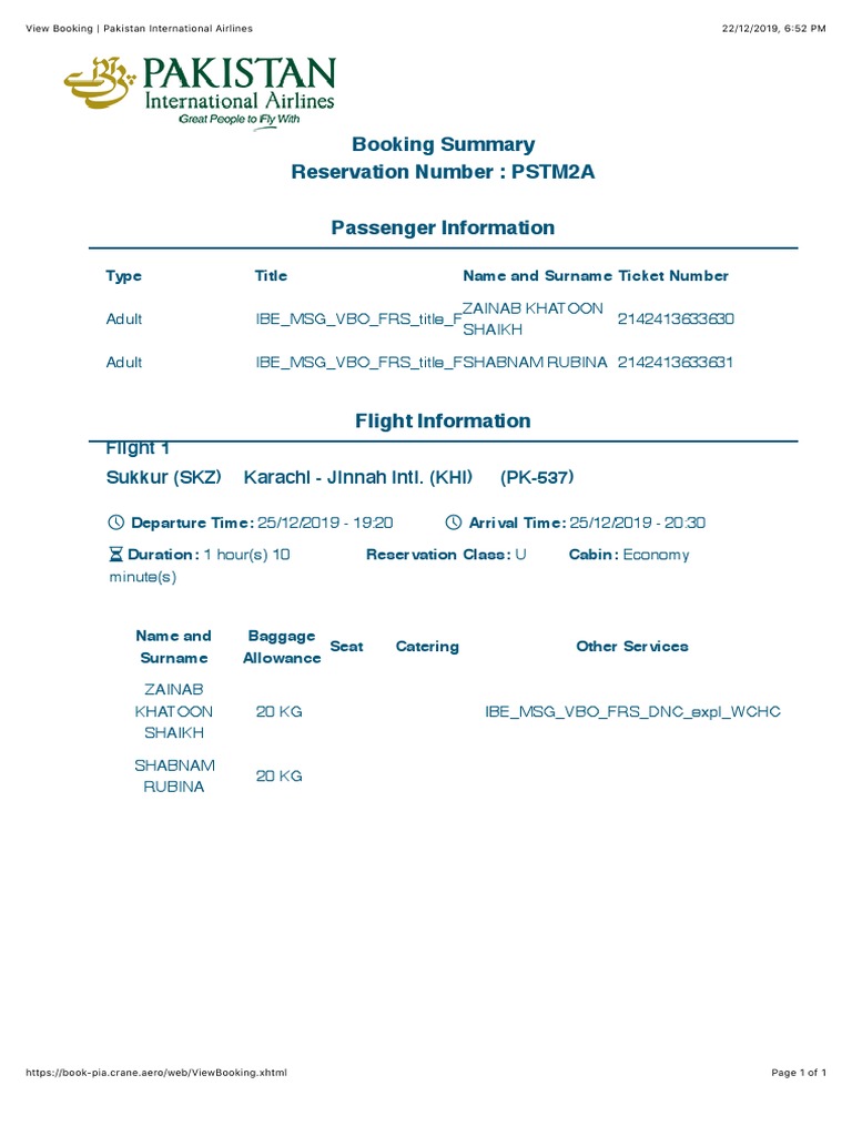 View Booking - Pakistan International Airlines | PDF