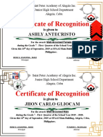SPAAI Junior High Recognition Certificates