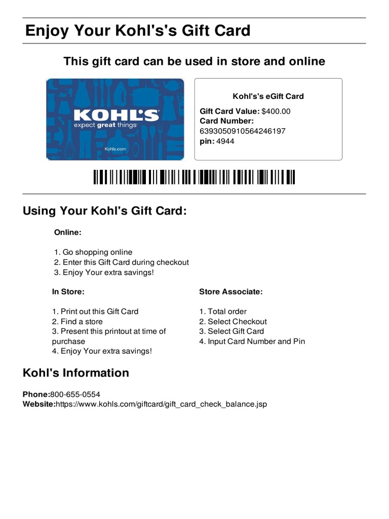Enjoy Your Kohl's's Gift Card This Gift Card Can Be Used in Store and