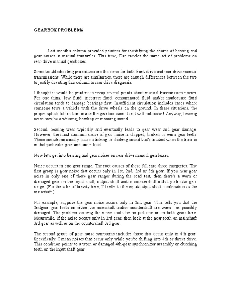 MANUAL GEARBOX PROBLEMS intelligence overview