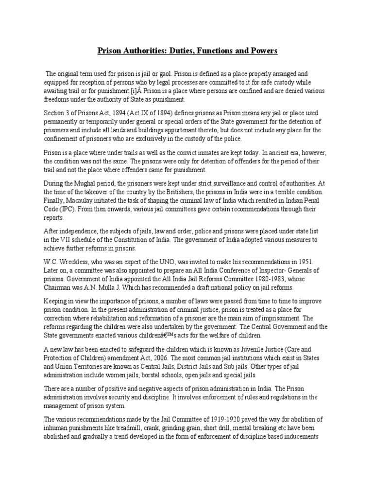 Prison Authorities: Duties, Functions and Powers | PDF | Prison | Human ...