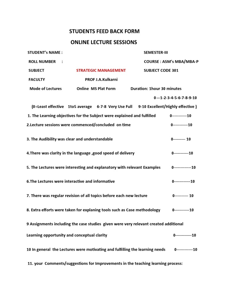 Students Feed Back Form Online Lecture Sessions: Strategic Management | PDF