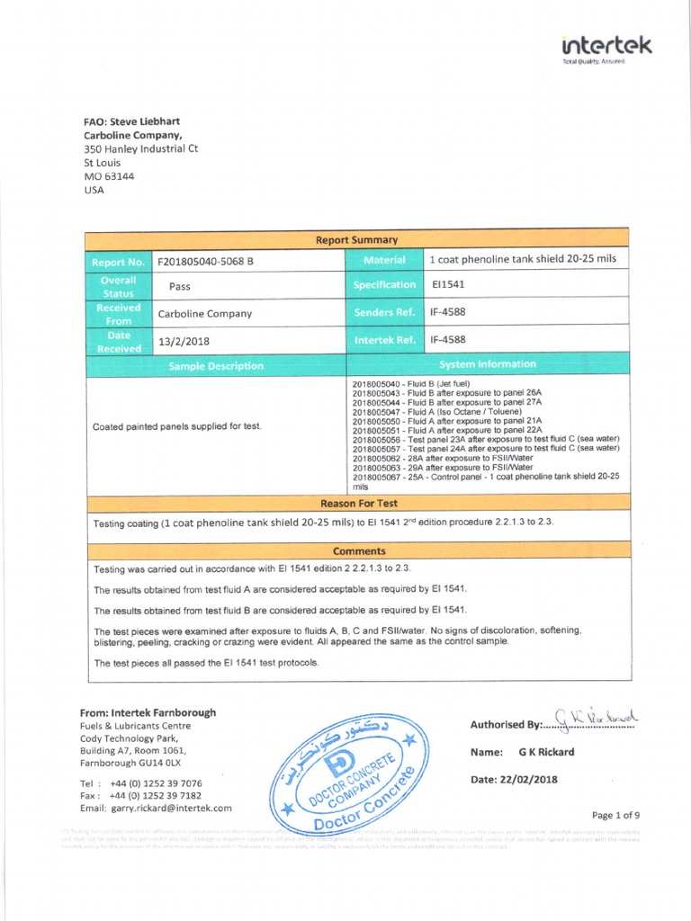 EI 1541 Testing of Phenoline Tank Shield | PDF | Chemical Engineering ...