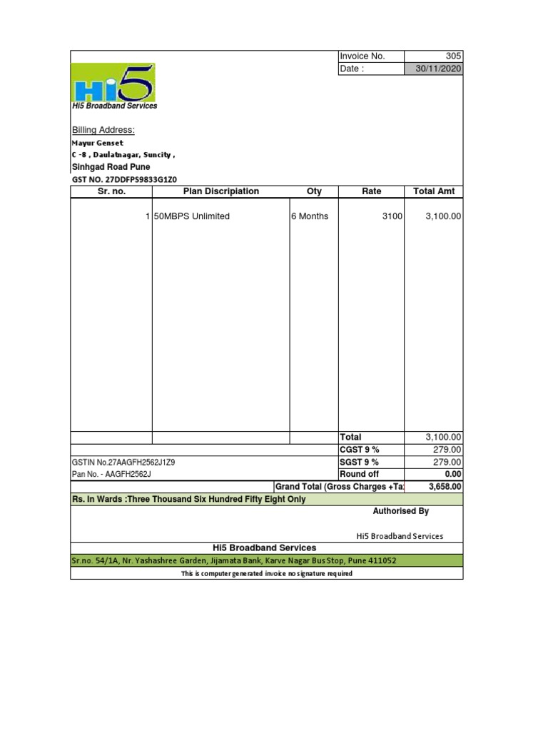 Invoice No. 305 Date: 30/11/2020: GST NO. 27DDFPS9833G1Z0 Sr. No. Oty ...