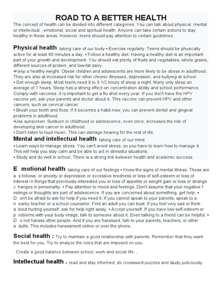 Road To A Better Health | PDF | Adolescence | Psychology