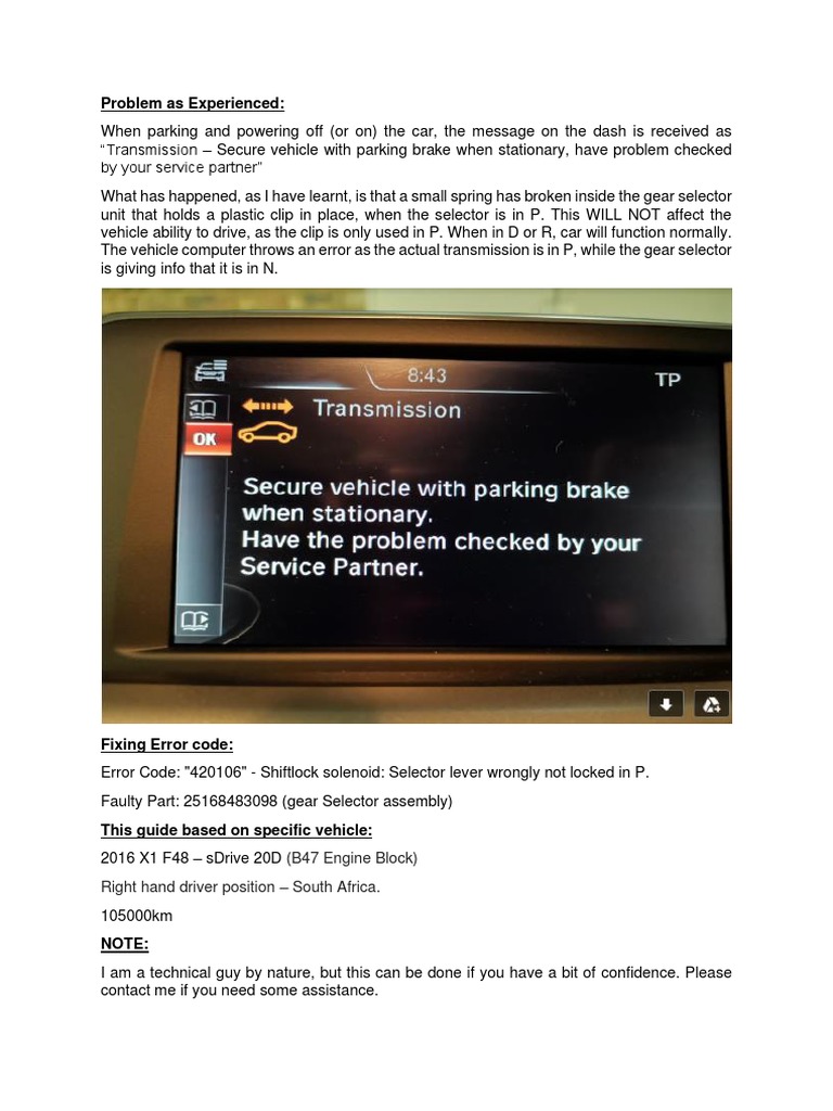 2016 BMW X1 F48 Shifter Fault PDF Electrical Connector Screw