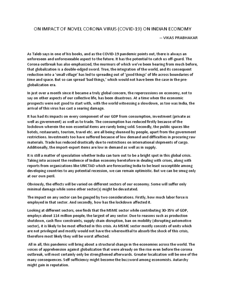 On Impact of Novel Corona Virus - Vikas | PDF | Economy Of India ...