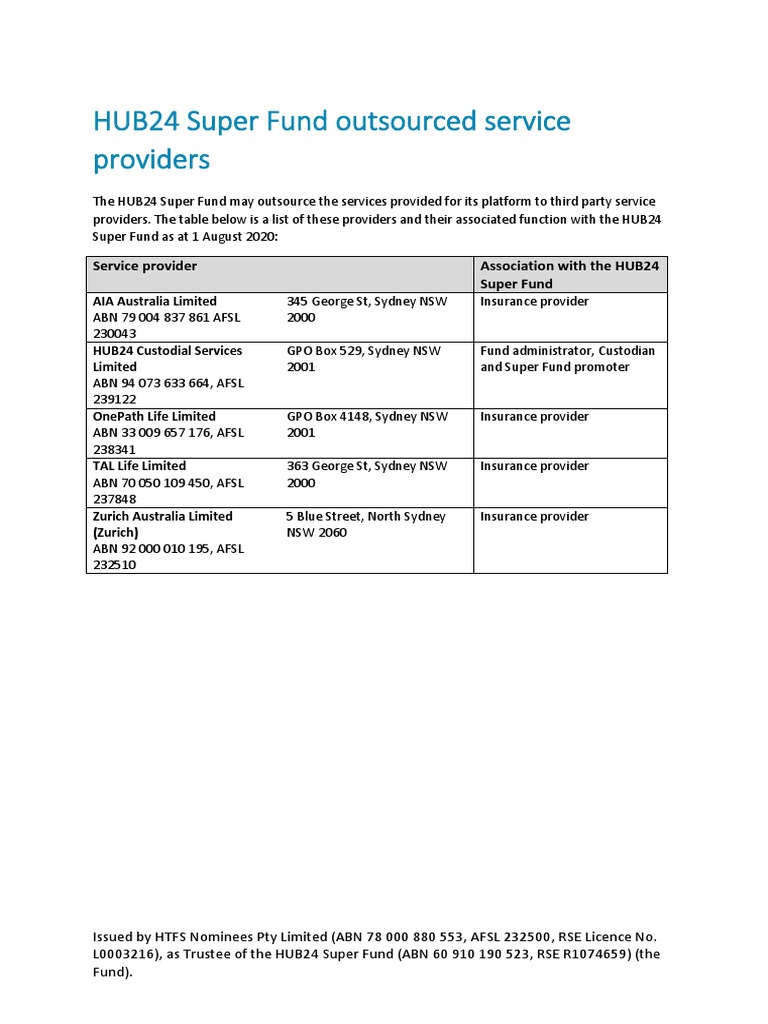 HUB24 Super Fund Service Providers List | PDF