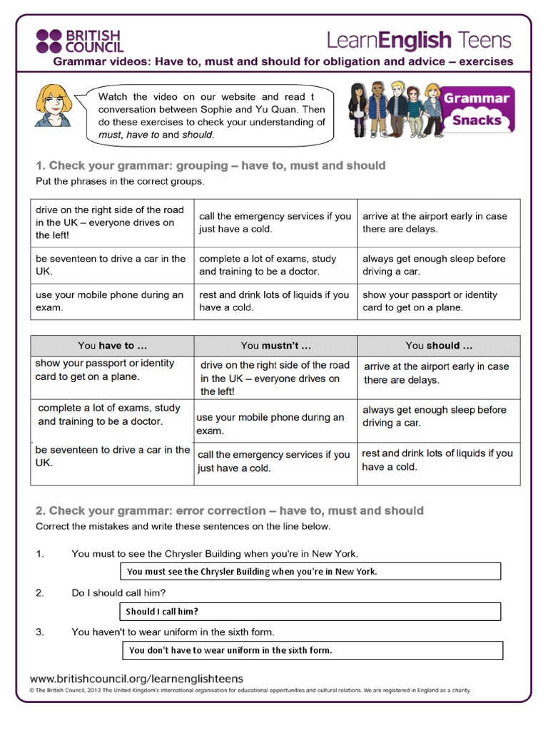 Have To, Must and Should For Obligation and Advice - Exercises 1 | PDF