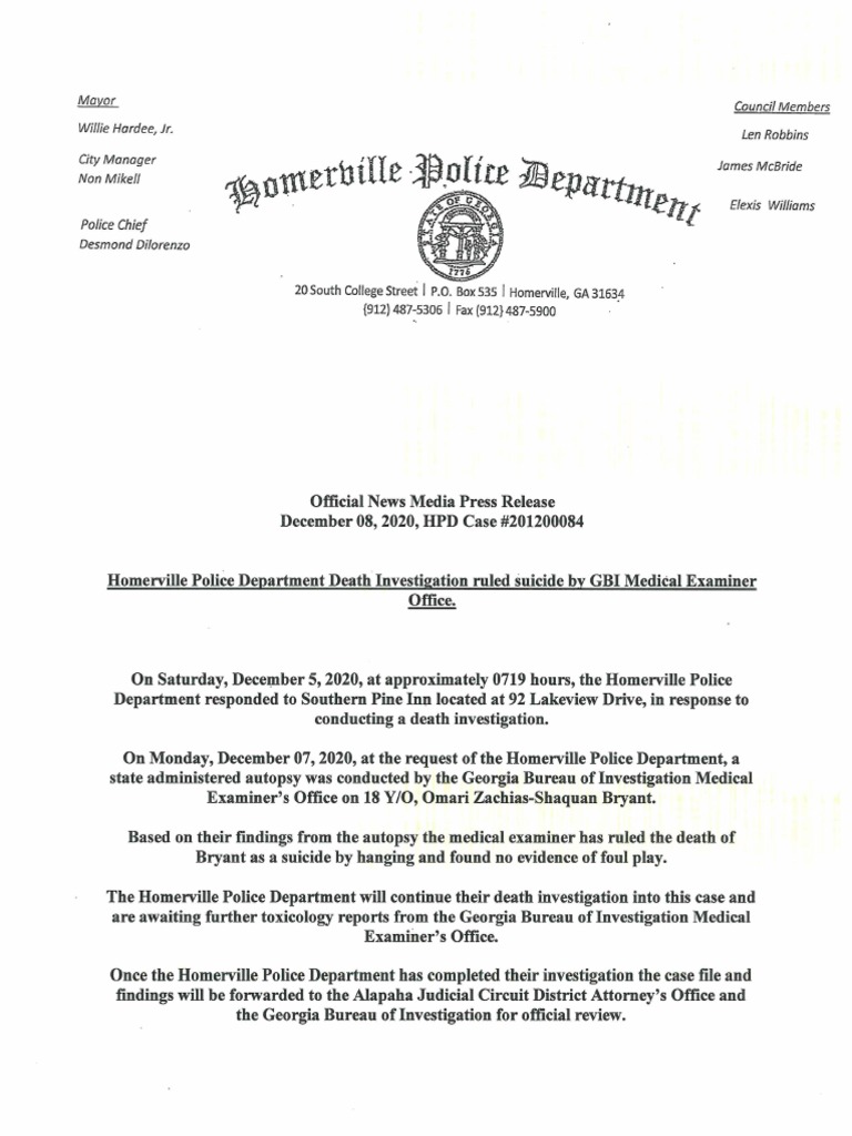 Homerville Police Department Death Investigation Statement PDF