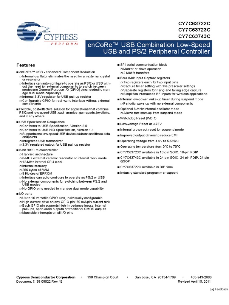 CY7C63723C-PXC Datasheet (PDF) - Cypress Semiconductor | PDF | Usb ...