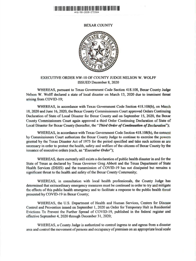 Bexar County - Judge Wolff Executive Order NW-18 | PDF