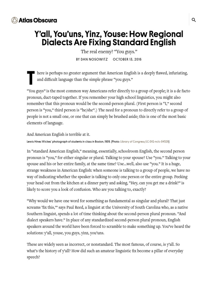 Y'all, You'uns, Yinz, Youse - How Region... Ixing Standard English ...