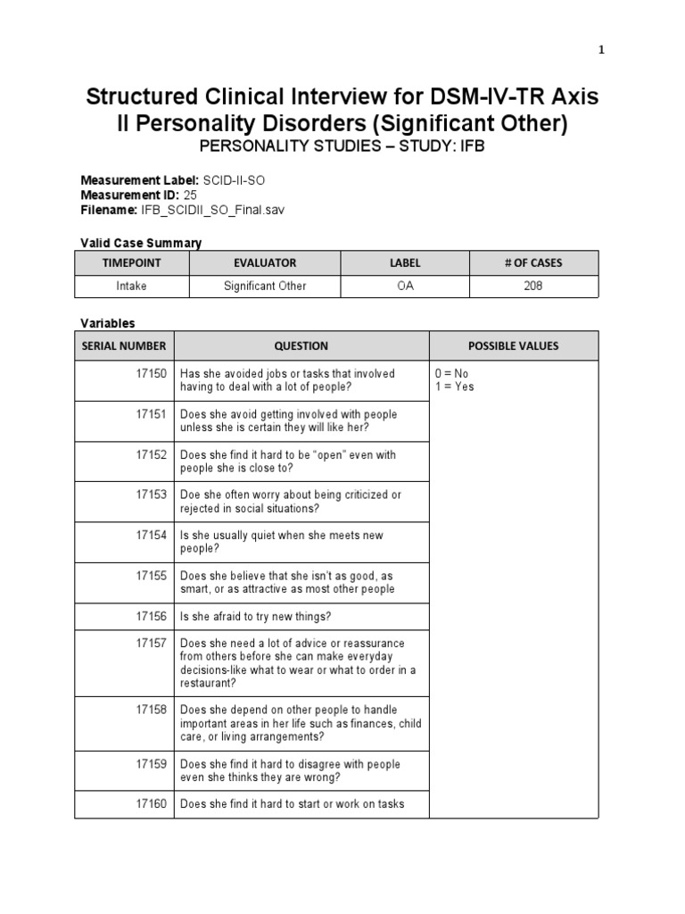 SCID-II Personality Disorder Assessment | PDF | Feeling | Behavioural ...