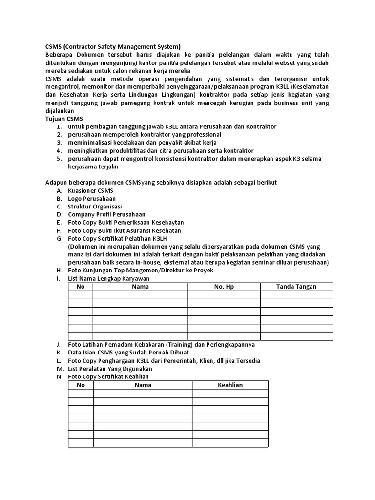 Contoh Dokumen CSMS Lengkap | PDF