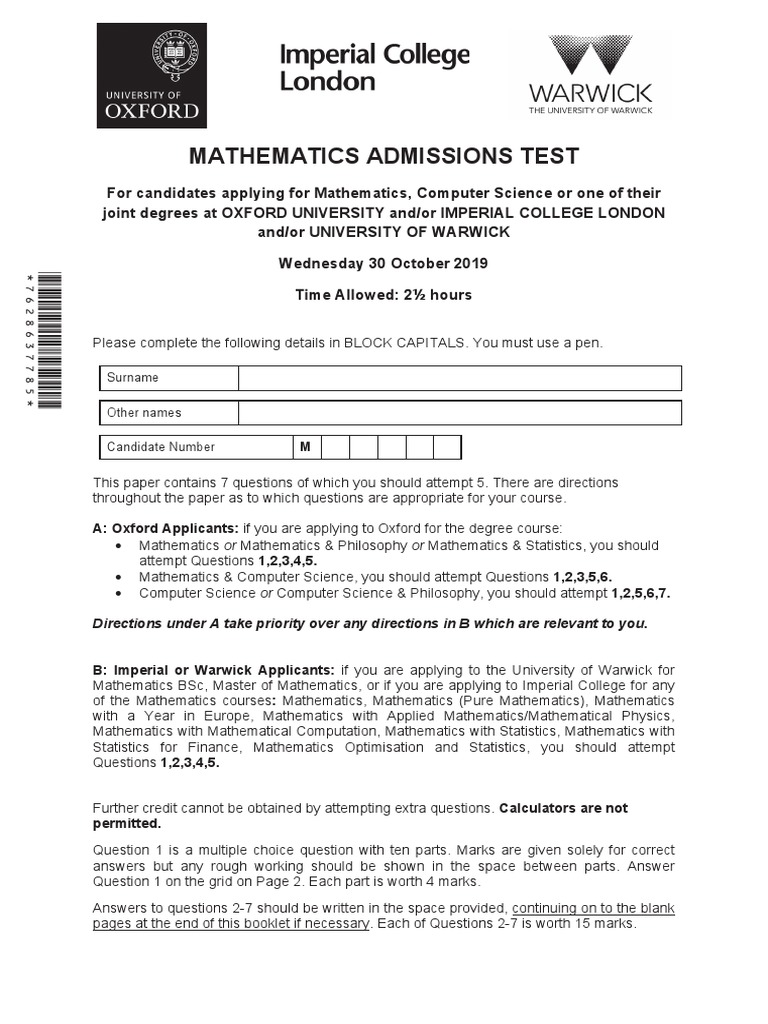 Mathematics Admissions Test: Surname Other Names Candidate Number | PDF