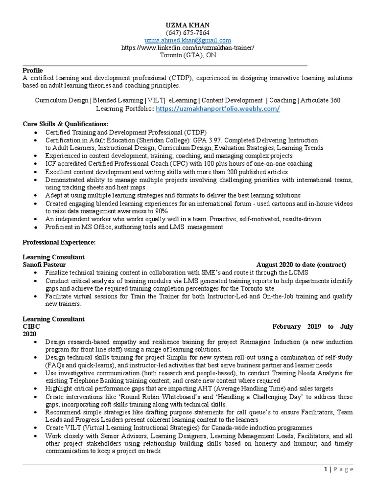 Resume Uzma Khan Learning and Development Professional | PDF ...