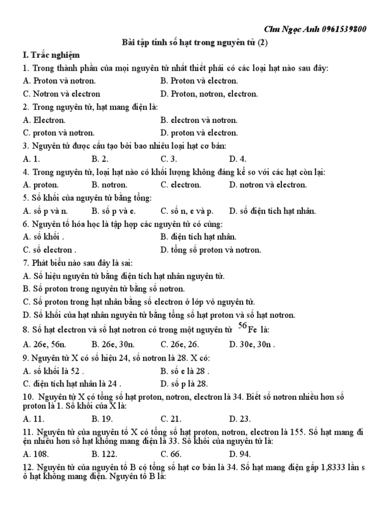 Bài tập tính số hạt trong nguyên tử lớp 10: Bí quyết nắm vững kiến thức Hóa học cơ bản