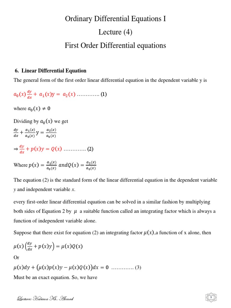 Ordinary Differential Equations I Lecture (4) First Order Differential ...