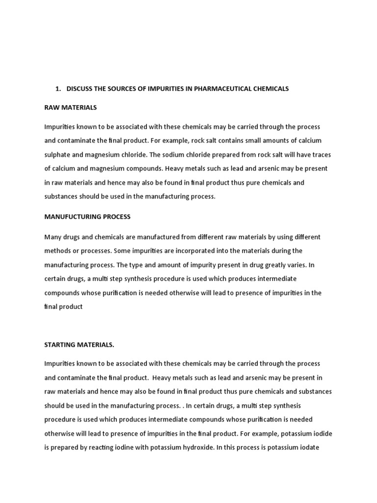 Discuss The Sources of Impurities in Pharmaceutical Chemicals Raw