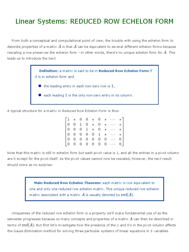 Linear Systems: Reduced Row Echelon Form | PDF | Matrix (Mathematics ...