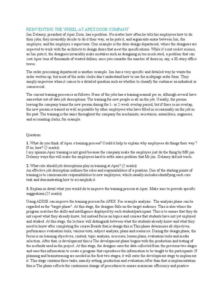 REINVENTING THE WHEEL AT APEX DOOR COMPANY Case Study PDF