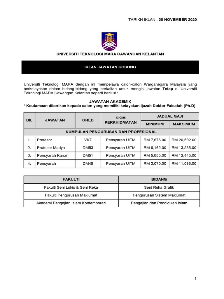 Iklan Jawatan Kosong UiTMCK 2020  PDF