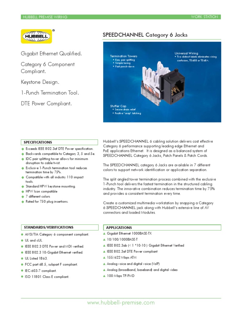 SPEEDCHANNEL Category 6 Jacks: Hubbell Premise Wiring Work Station ...