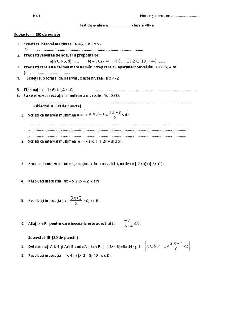 Test de Evaluare 8 Intervale Si Incuatii | PDF
