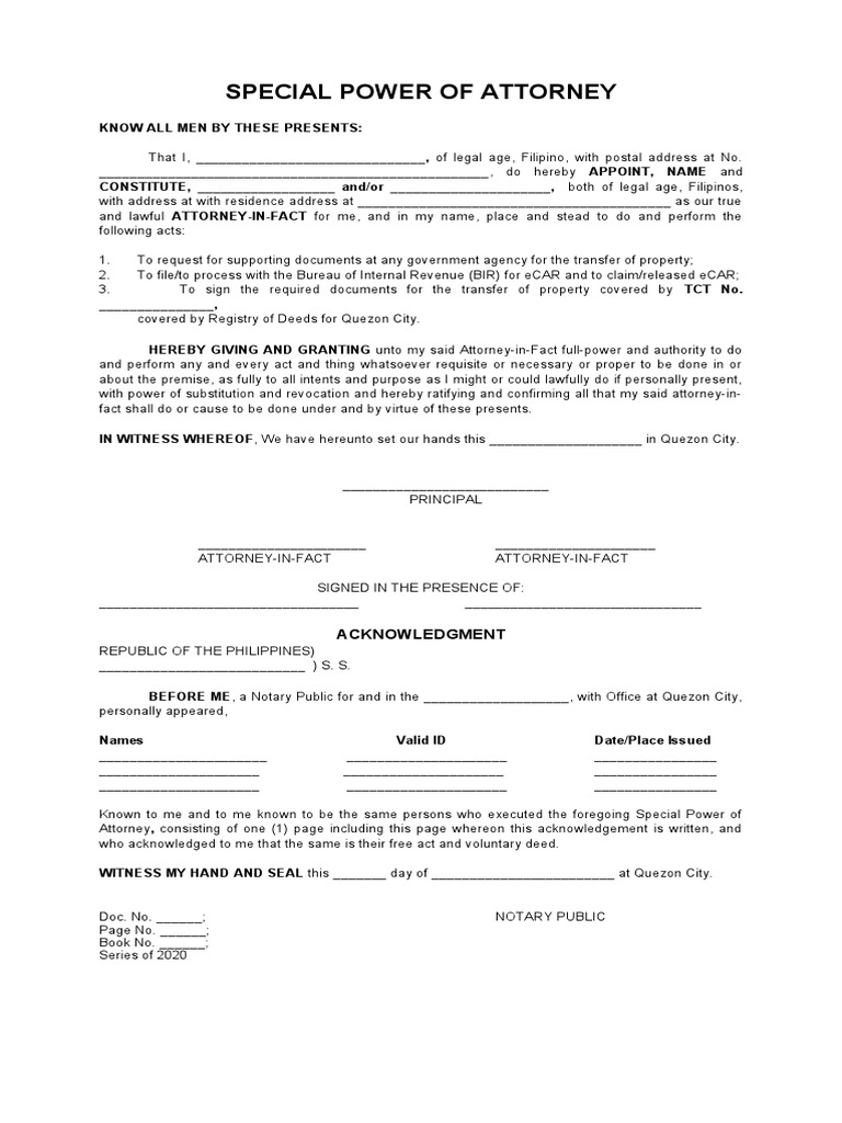 Special Power of Attorney for Vehicle Transfer | PDF | Power Of ...