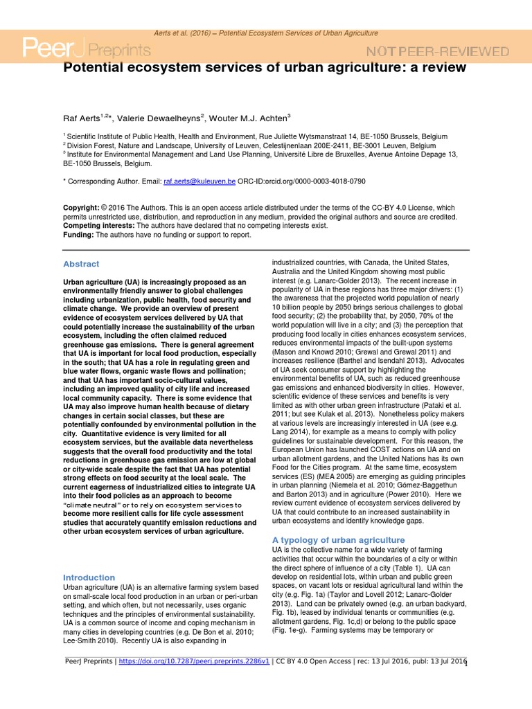 Potential Ecosystem Services of Urban Agriculture | PDF | Urban ...