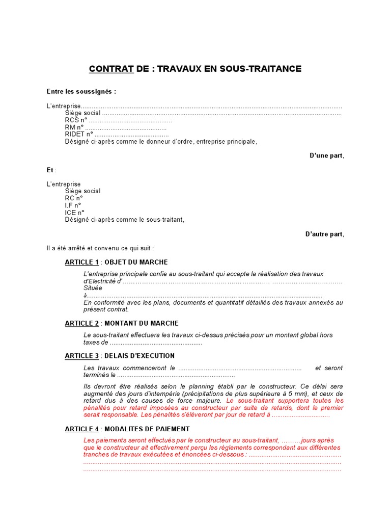 Modele de Contrat de Sous Traitance | PDF | Litiges et législations ...