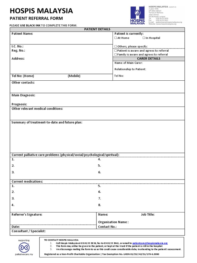 Hospis Malaysia Patient Referral Form | PDF | Hospice | Health Sciences