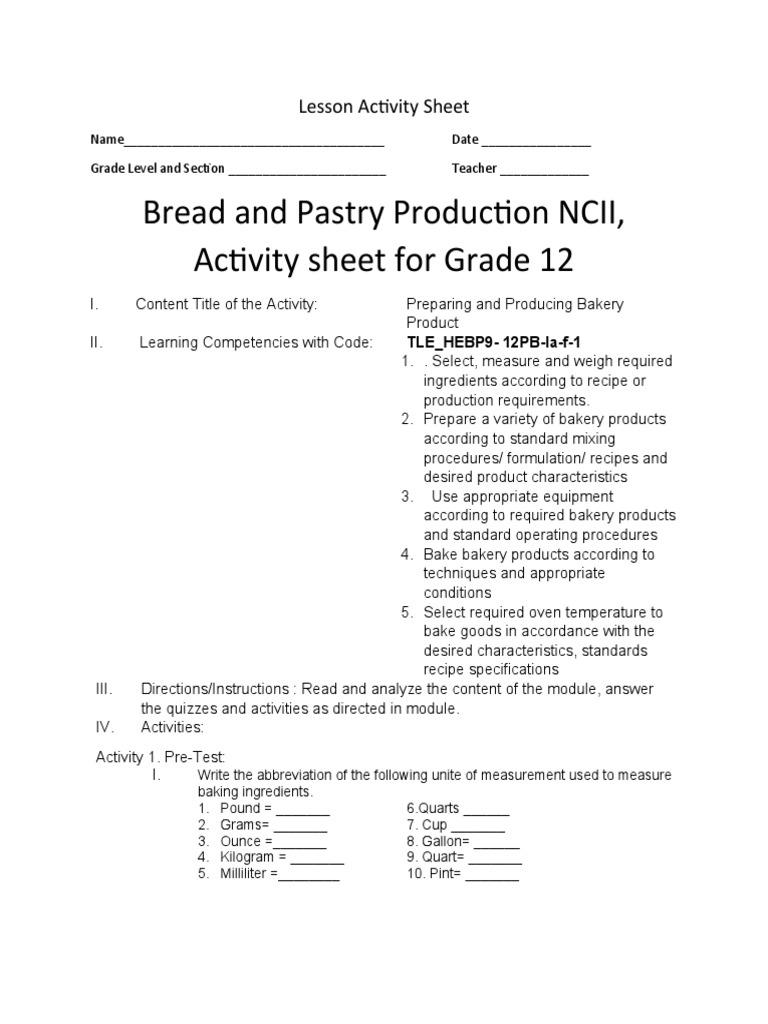 Bread and Pastry Production NCII, Activity Sheet For Grade 12 PDF