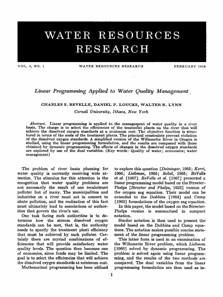 Linear Programming Applied To Water Quality Management PDF Linear