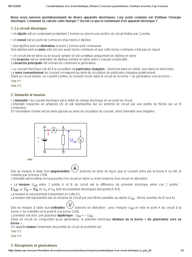 Comment S appelle La Représentation D un Dipôle Dans Un Schéma électrique Caractéristiques D'un Circuit Électrique - Réviser - Concours Paramédicaux  - Sanitaire Et Social - Cap Concours | PDF | Courant électrique | Tension  électrique