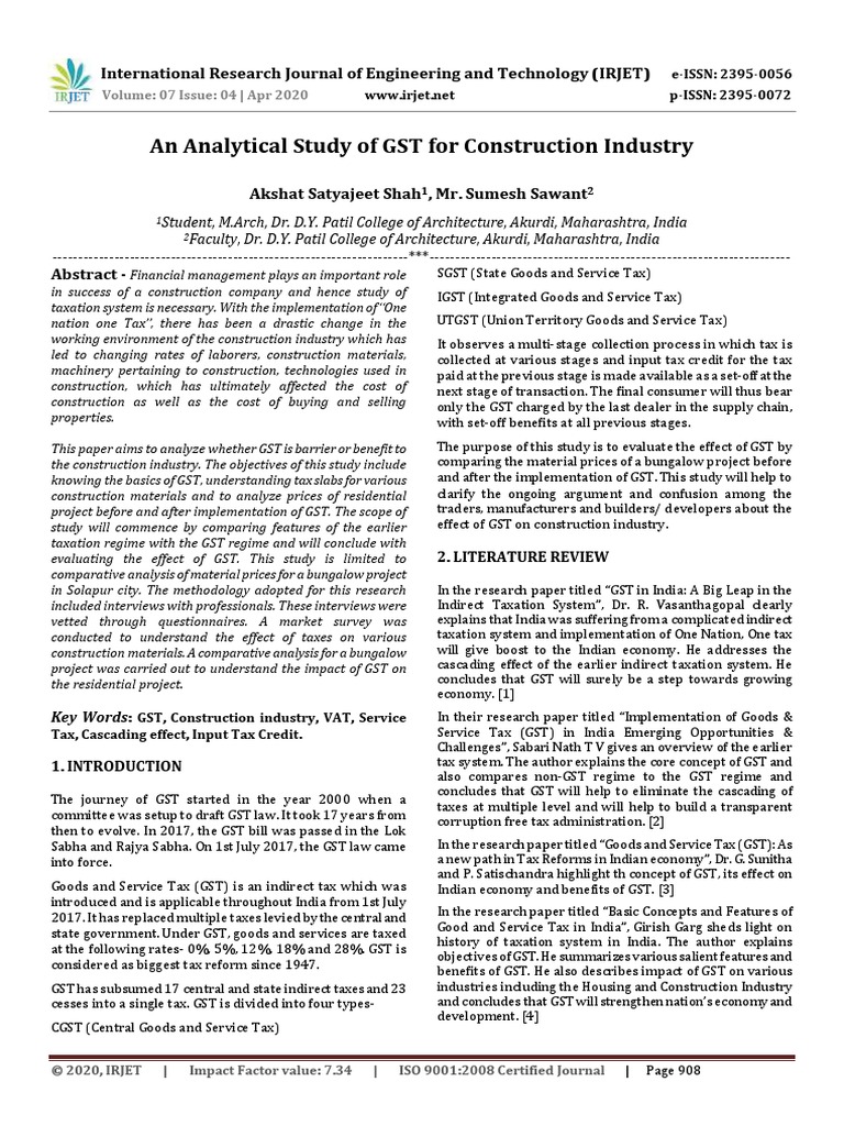 Impact of GST On Construction Industry PDF | PDF | Value Added Tax | Taxes