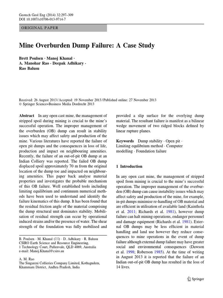 Mine Overburden Dump Failure A Case Study Download Free Pdf
