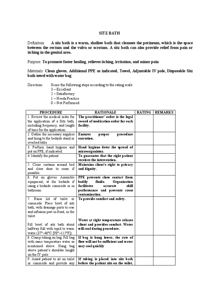 Sitz Bath Procedure Checklist Download Free PDF Hygiene Hand Washing