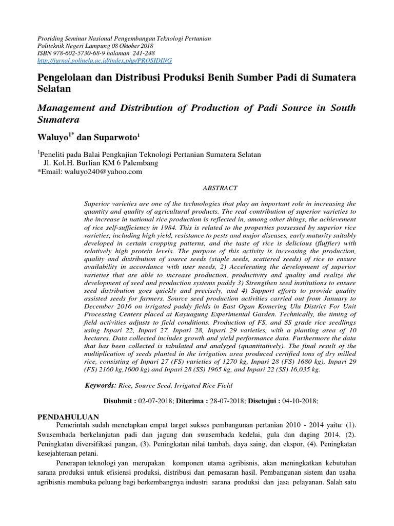 Management of Rice Seed Production in South Sumatra | PDF | Crops ...
