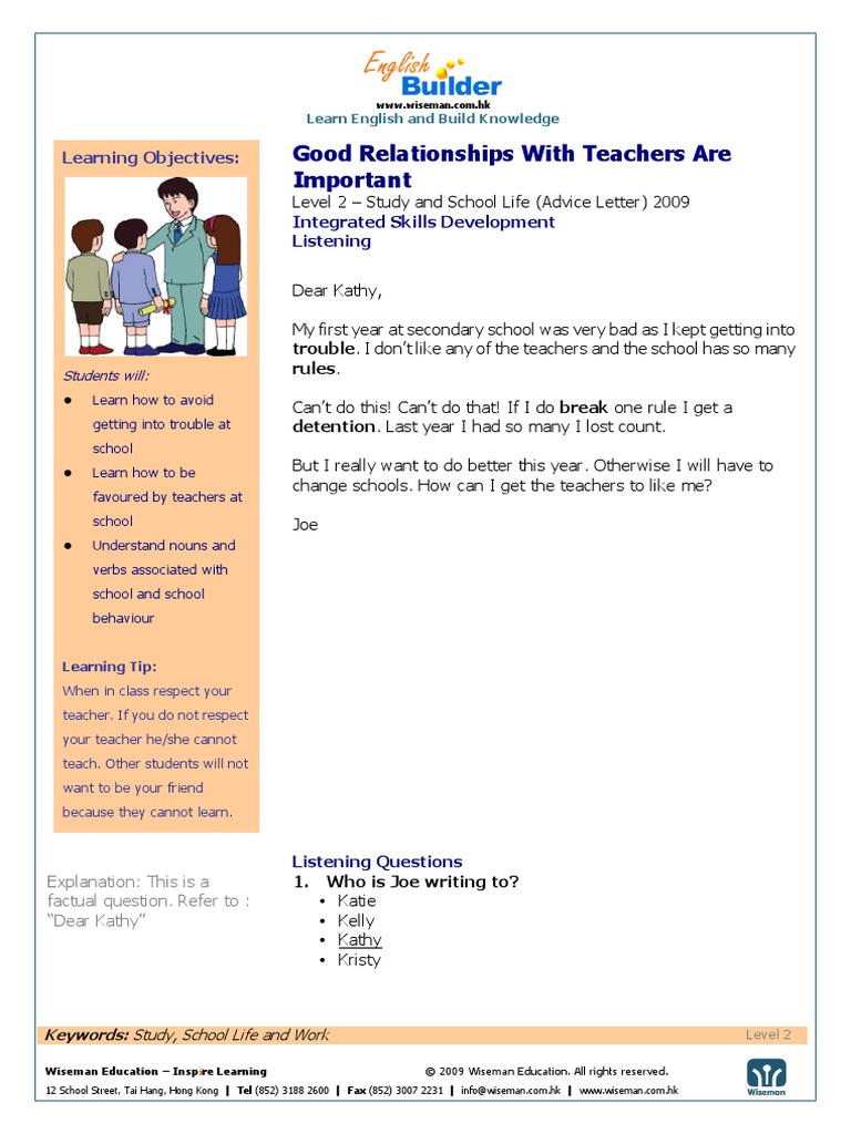 Good Relationships With Teachers Are Important: Learning Objectives ...