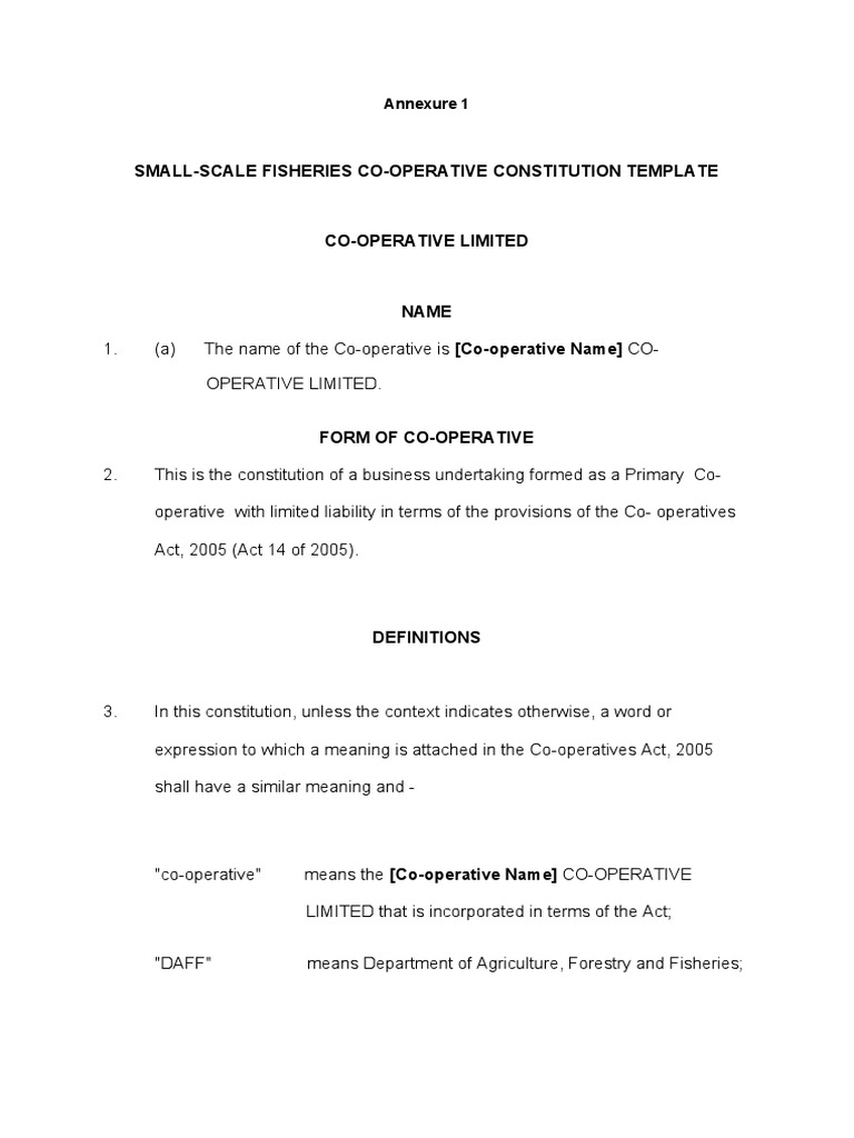 SmallScale Fisheries CoOperative Constitution Template Annexure 1
